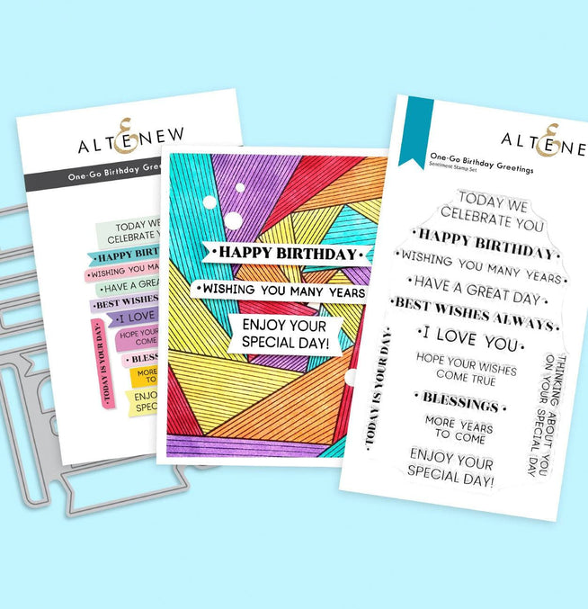 Altenew One-Go Birthday Greetings stamp and die bundle for creating customized birthday cards and crafts.