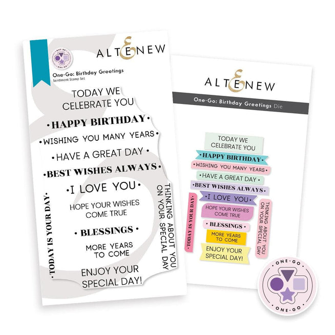 Altenew One-Go Birthday Greetings stamp and die bundle with colorful birthday message design and matching die cuts.