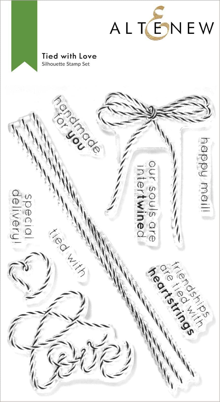 Altenew Tied With Love stamp and die bundle featuring romantic heart and floral designs for creative crafting projects.