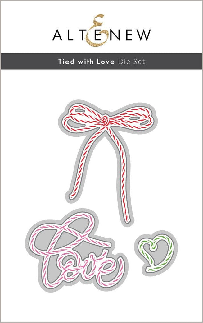 Altenew Tied With Love stamp and die bundle featuring floral and love-themed designs on clear stamps and matching metal dies.
