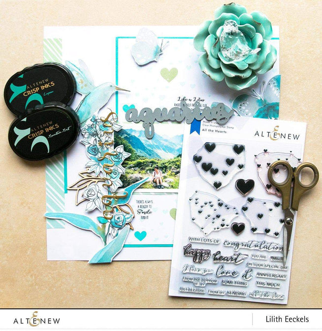 Altenew All the Hearts stamp and die bundle featuring heart-shaped stamps and matching metal dies on a white background.