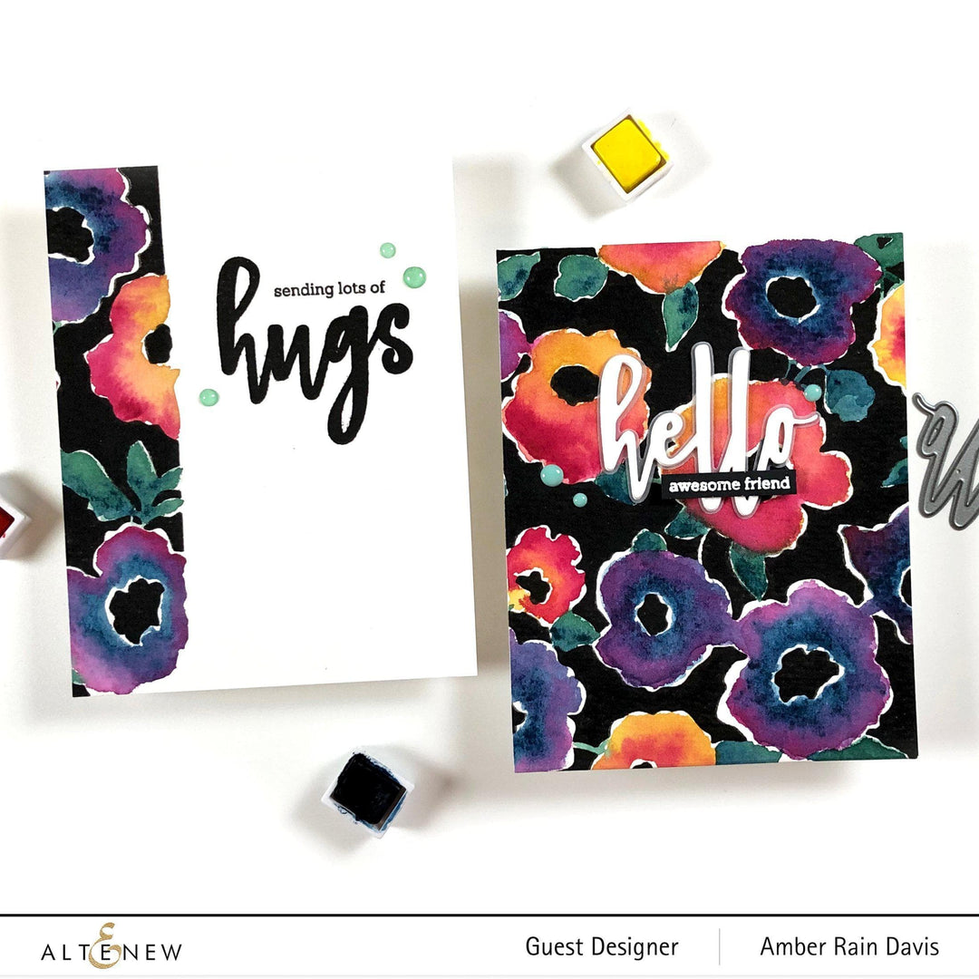 Altenew Bold Floral Drape stamp and die bundle featuring intricate floral and leaf patterns for card making and crafting.