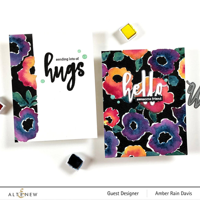 Altenew Bold Floral Drape stamp and die bundle featuring intricate floral and leaf patterns for card making and crafting.