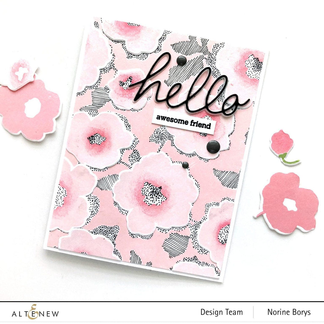 Altenew Bold Floral Drape stamp and die bundle showing intricate floral designs for card making and crafting projects.
