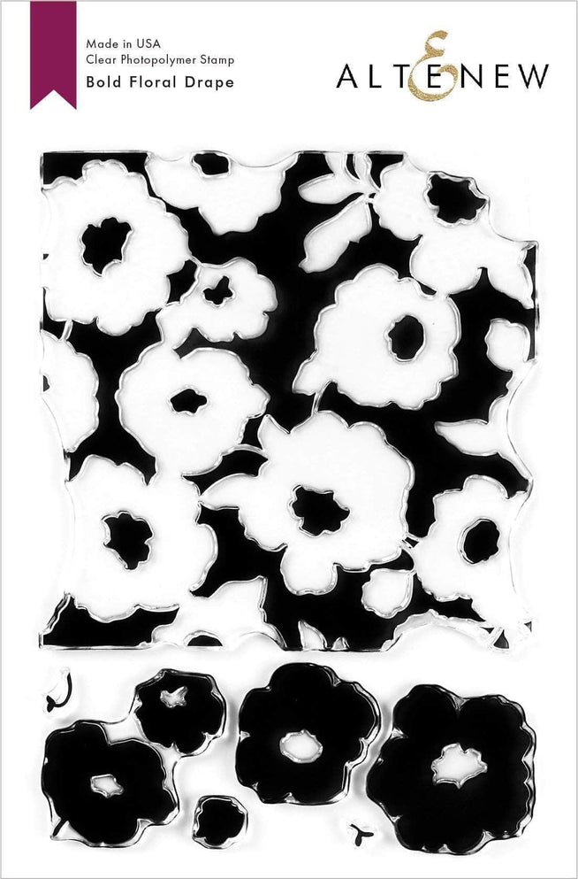 Altenew Bold Floral Drape Stamp and Die Bundle featuring intricate floral patterns and decorative elements for card making.