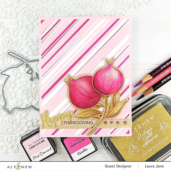 Altenew Happy Pomegranates stamp and die bundle featuring detailed pomegranate illustrations and coordinating die cuts.