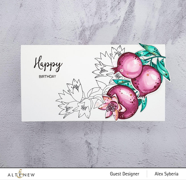 Altenew Happy Pomegranates stamp and die bundle featuring pomegranate illustrations and coordinating die cuts for crafting.