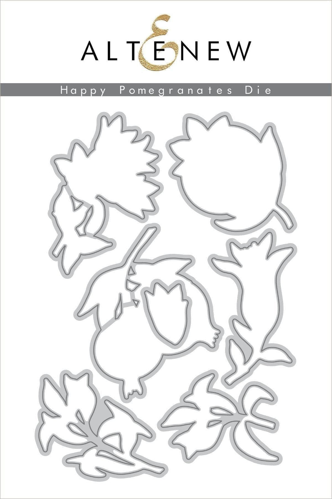 Altenew Happy Pomegranates stamp and die bundle featuring detailed pomegranate illustrations and matching cutting dies.