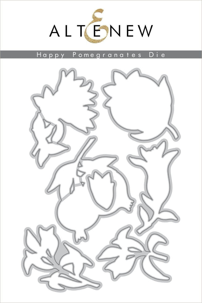 Altenew Happy Pomegranates stamp and die bundle featuring detailed pomegranate illustrations and matching cutting dies.