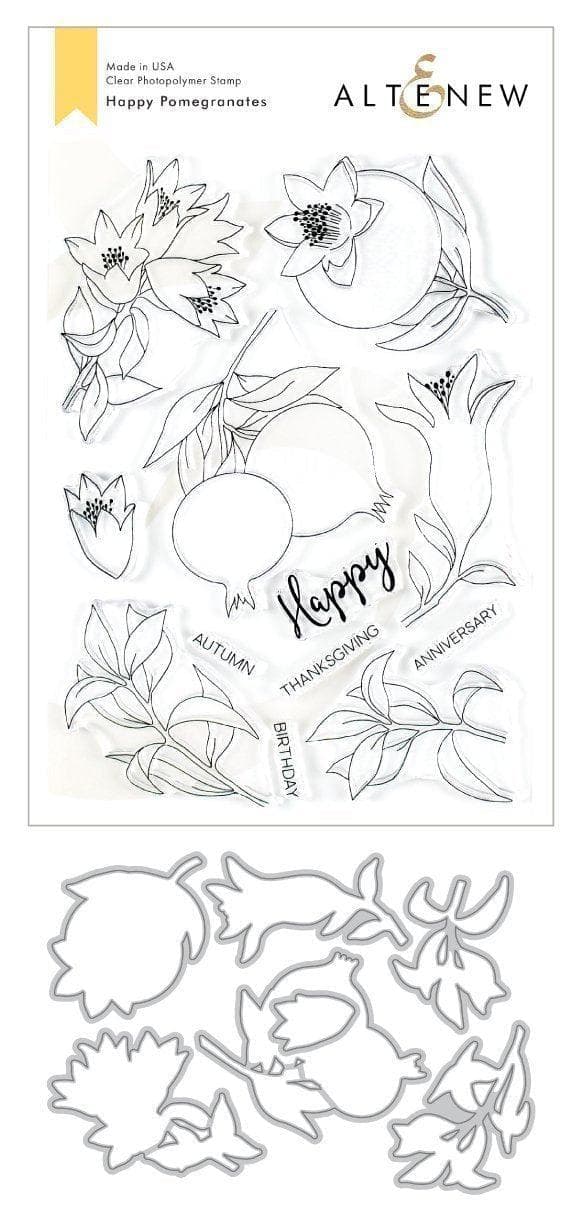 Altenew Happy Pomegranates stamp and die bundle featuring pomegranate illustrations and coordinating cutting dies for crafting.