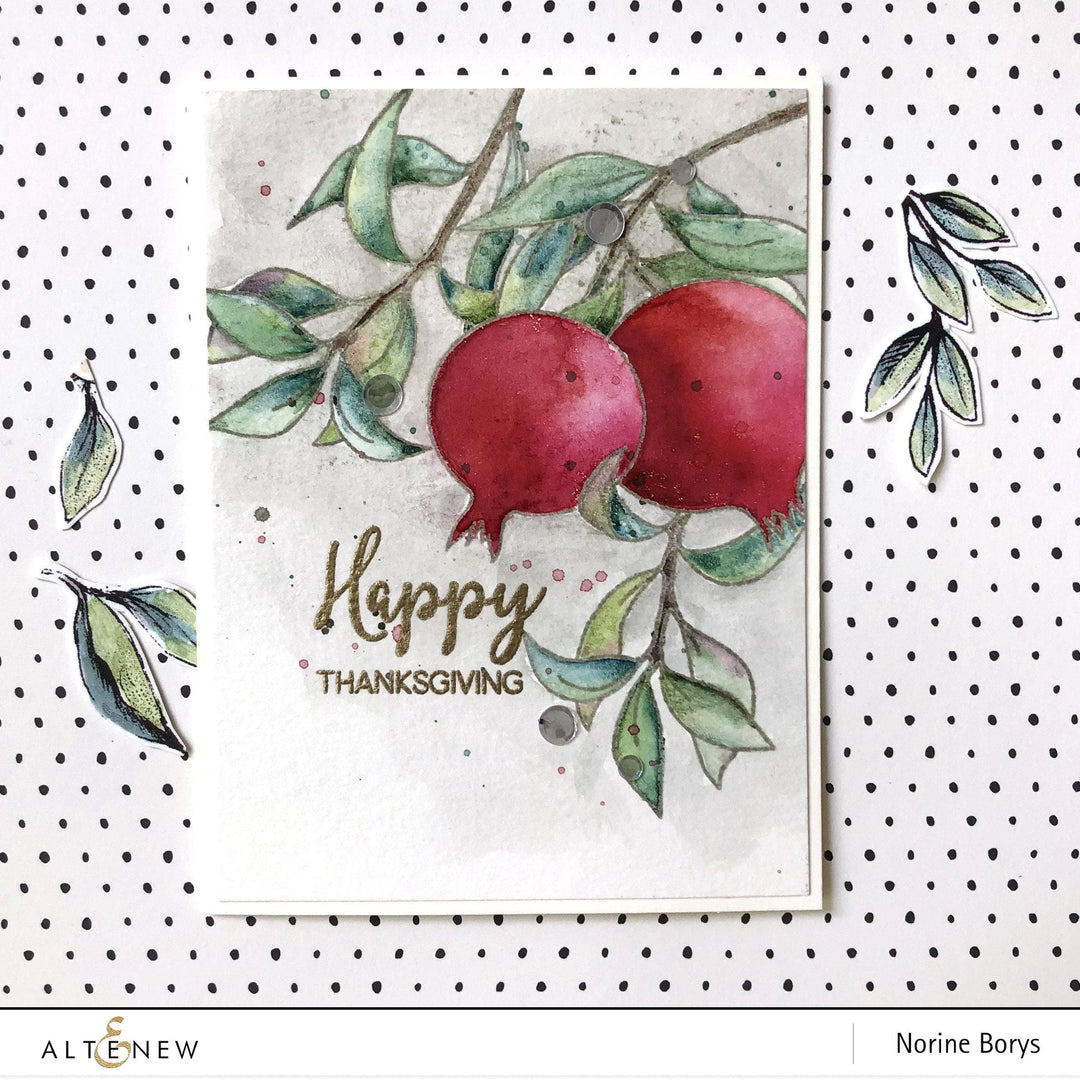 Altenew Happy Pomegranates stamp and die bundle featuring detailed pomegranate illustrations and matching cutting dies.