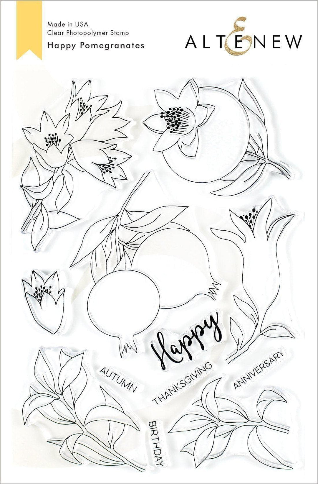 Altenew Happy Pomegranates stamp and die bundle featuring pomegranate illustrations and matching cutting dies for crafting.