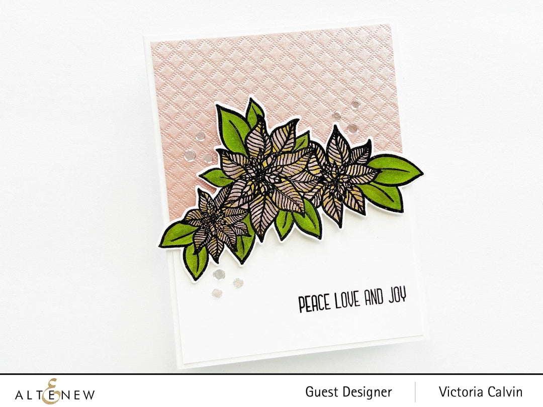 Altenew Holiday Flower Stamp & Die Bundle featuring a festive floral design on clear rubber stamp and matching metal die.