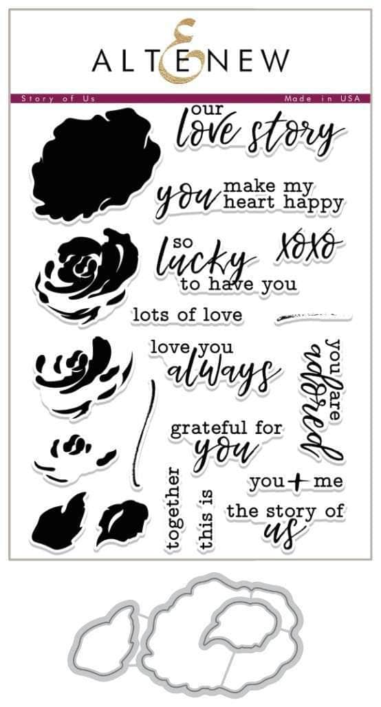 Altenew Story of Us Stamp & Die Bundle featuring floral and sentiment designs for card making and crafting.