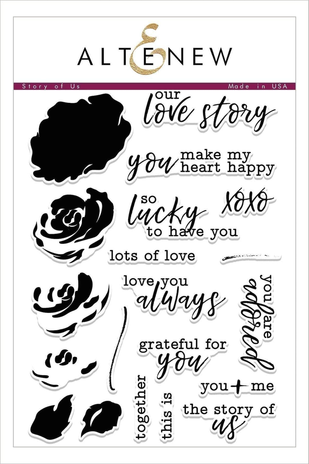 Altenew Story of Us Stamp and Die Bundle featuring floral and sentiment designs for card making and craft projects.