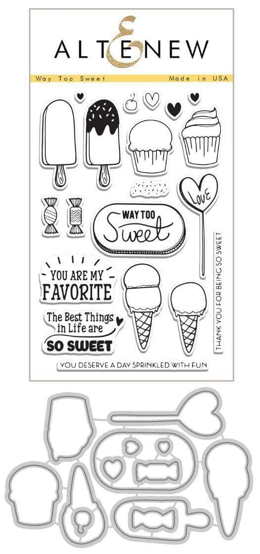 Altenew Way Too Sweet Stamp and Die Bundle with colorful sweet-themed stamps and matching metal dies on a craft table.