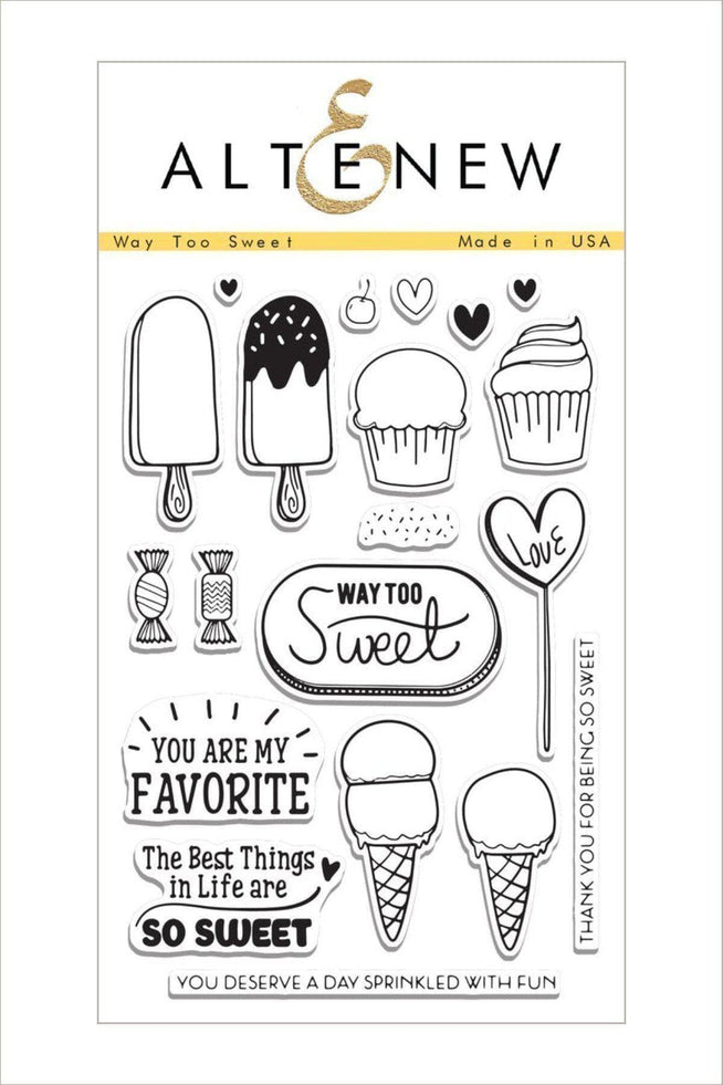 Altenew Way Too Sweet Stamp and Die Bundle featuring colorful sweet treat designs on clear stamps and coordinating metal dies.