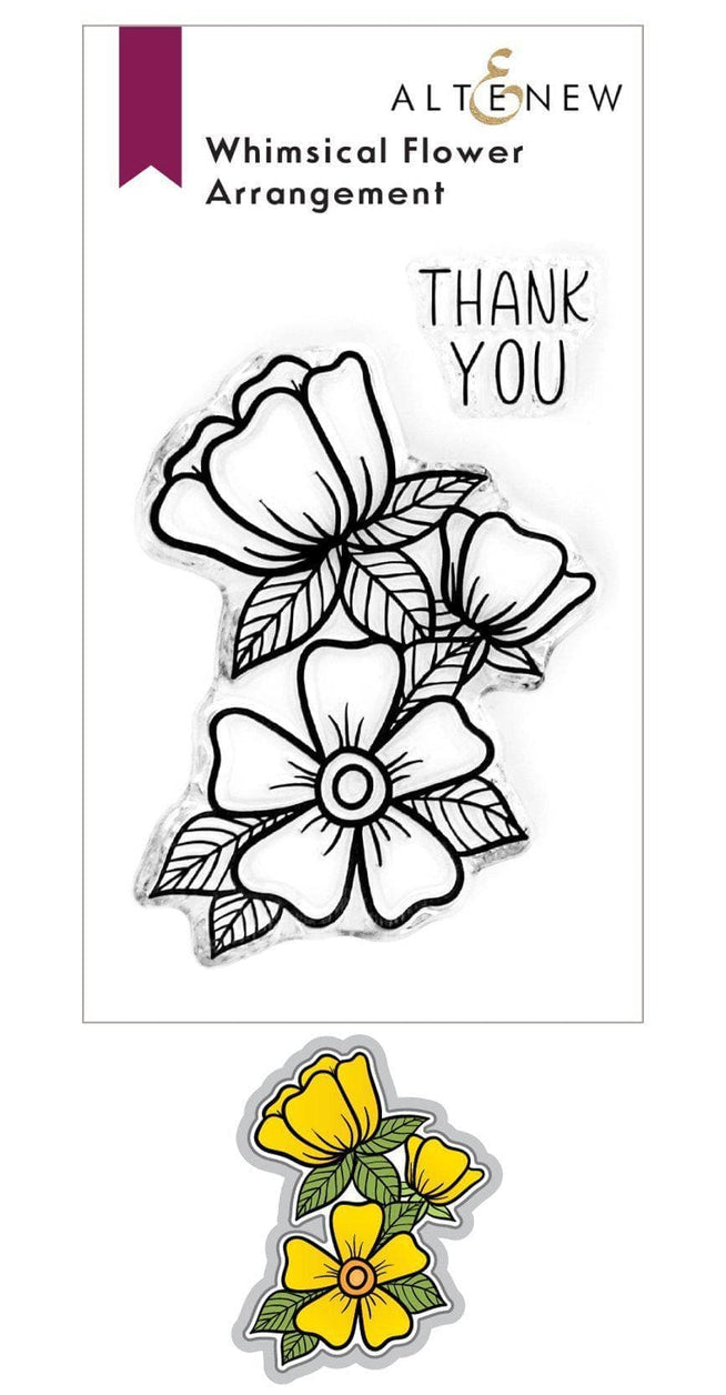 Altenew Whimsical Flower Arrangement Stamp & Die Bundle featuring colorful floral designs and matching cutting dies.