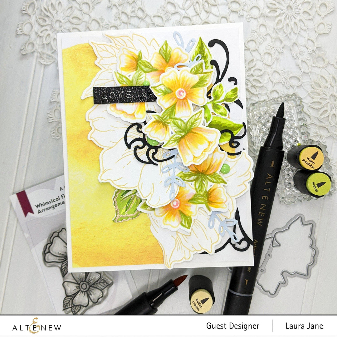 Altenew Whimsical Flower Arrangement Stamp and Die Bundle, featuring floral stamps and matching die cuts for crafting.