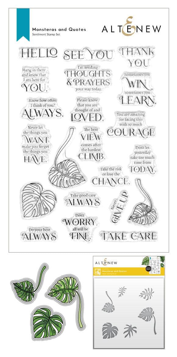 Altenew Monstera plant stamps, dies, and stencil bundle with quote designs for botanical crafting and card making.