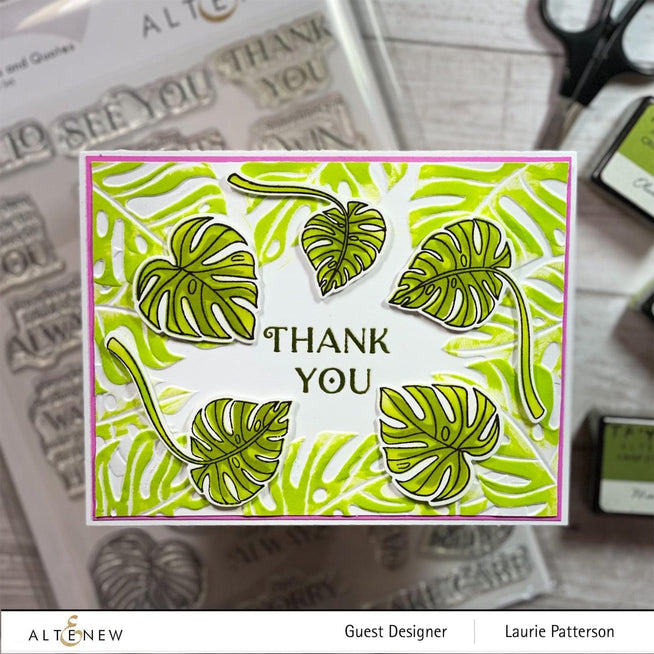 Altenew Monstera and Quotes stamp, die, and stencil bundle with tropical monstera leaves and inspiring quote designs.