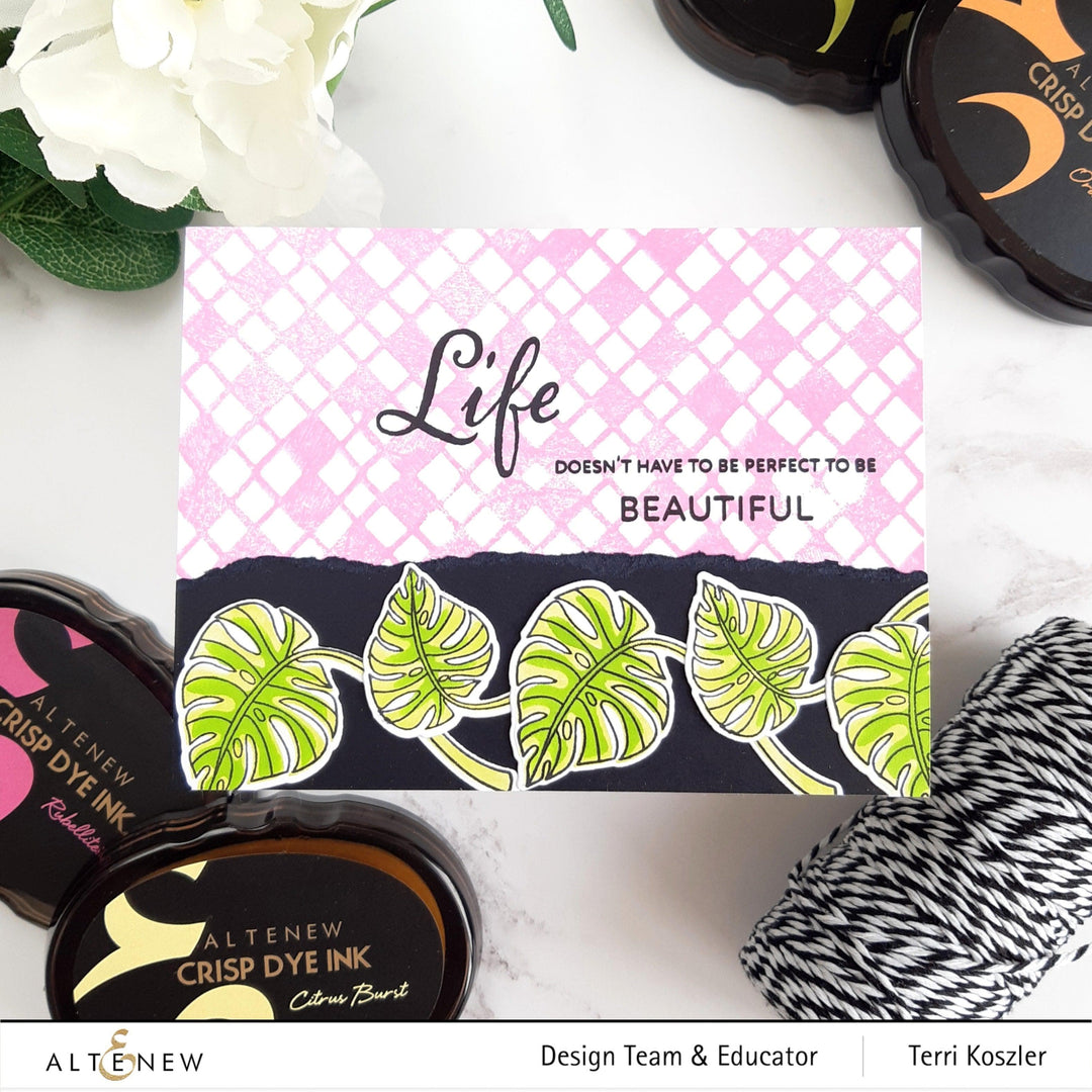 Altenew Monstera plant stamps, die cuts, and stencils with inspirational quotes for crafting and scrapbooking projects.