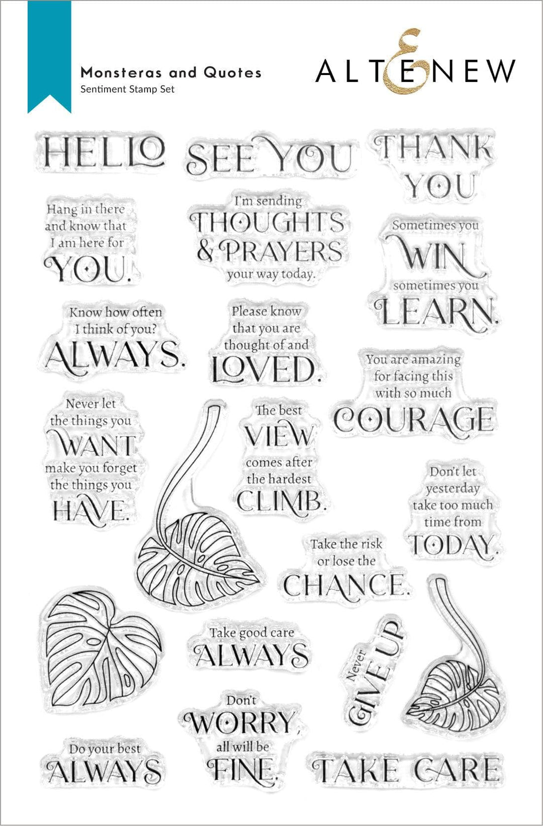Altenew Monstera plant stamps, dies, and stencils bundle with quote designs for crafting and scrapbooking projects.