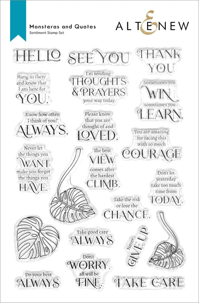 Altenew Monstera plant stamps, dies, and stencils bundle with quote designs for crafting and scrapbooking projects.