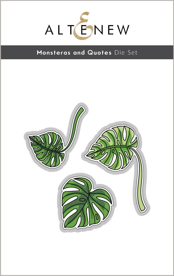 Altenew Monstera and Quotes stamp, die, and stencil bundle featuring tropical leaf and inspirational quote designs.