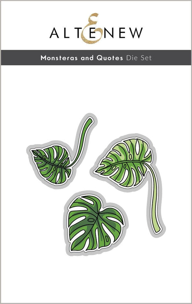 Altenew Monstera and Quotes stamp, die, and stencil bundle featuring tropical leaf and inspirational quote designs.