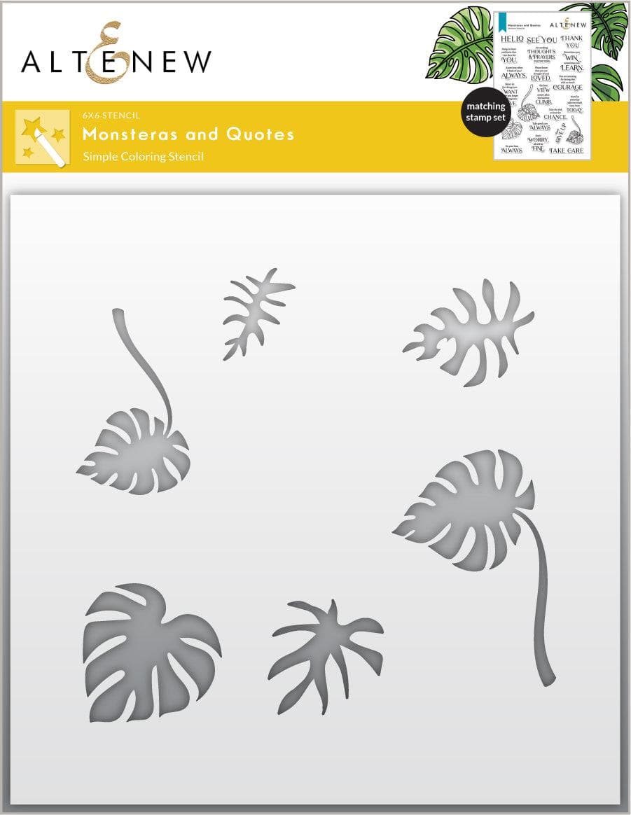 Altenew Monstera plant stamps, dies, and stencil bundle with quote designs for botanical crafting and card making.