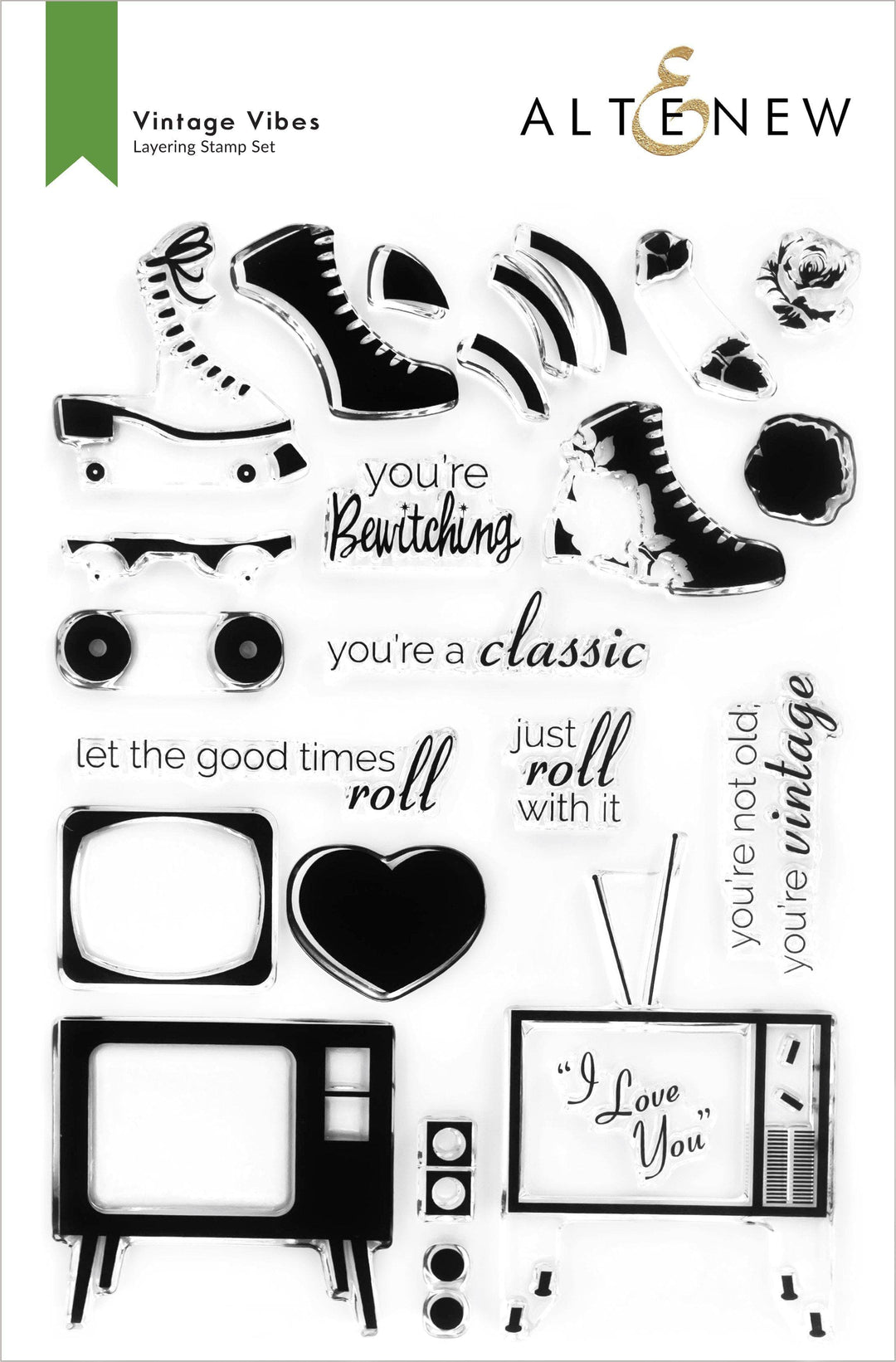Vintage Vibes stamp, die, and stencil bundle by Altenew featuring retro-inspired floral and decorative designs for crafting.