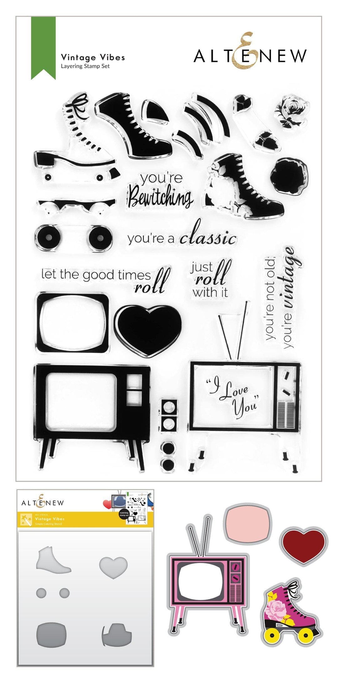 Vintage Vibes stamp, die, and stencil bundle by Altenew featuring retro-inspired designs for crafting projects.