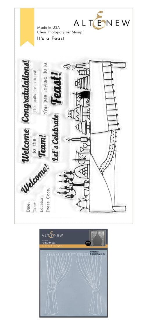 Altenew Stamp & Embossing Folder Bundle It's A Feast Stamp Set & Folded Drapes Embossing Folder Bundle