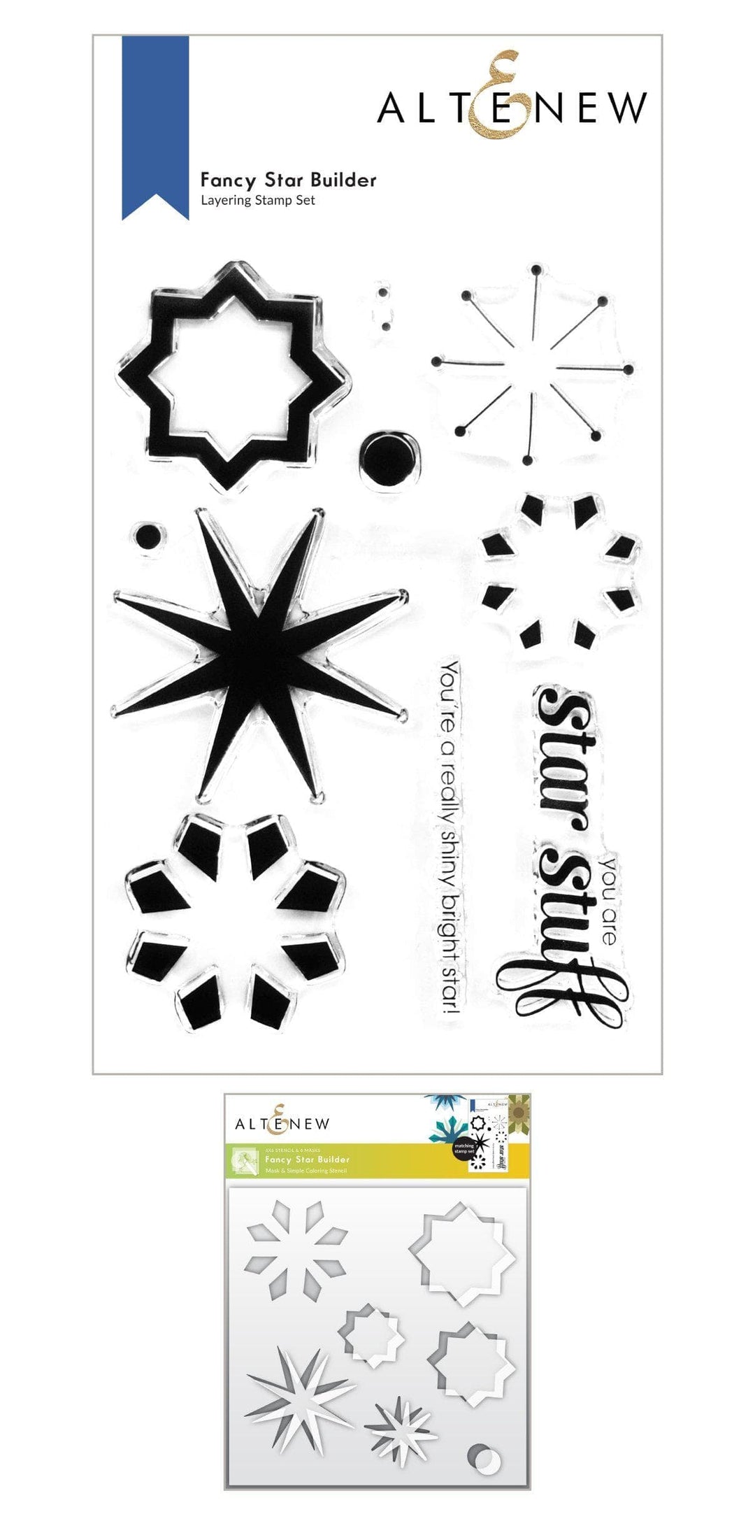 Altenew Fancy Star Builder Stamp and Stencil Bundle with star designs and intricate patterns for creative card making and crafts.