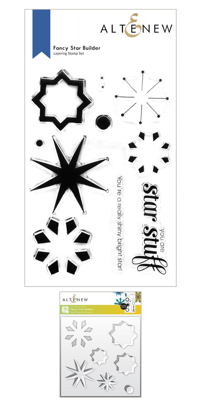Altenew Fancy Star Builder Stamp and Stencil Bundle with star designs and intricate patterns for creative card making and crafts.