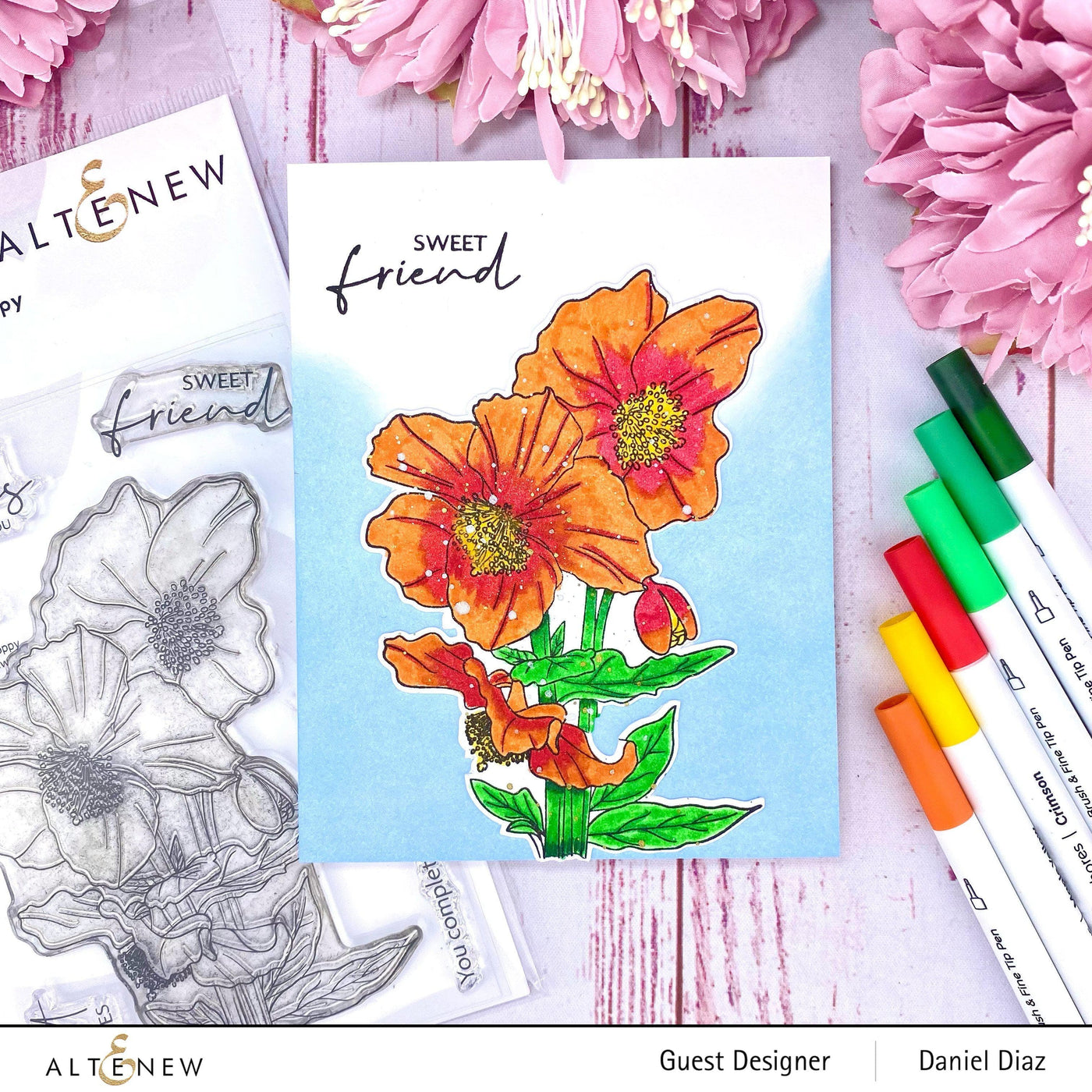Altenew Stamp & Watercolor Bundle Paint-A-Flower: Himalayan Poppy Outline Stamp Set & Hawaiian Shores Brush & Fine Tip Pens Bundle
