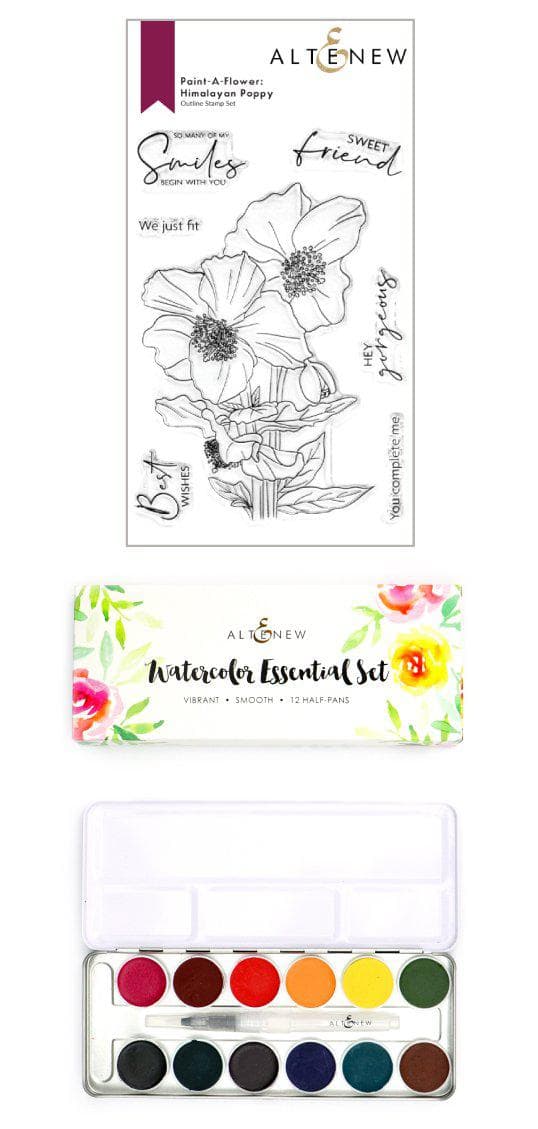 Altenew Stamp & Watercolor Bundle Paint-A-Flower: Himalayan Poppy & Watercolor Essential 12 Pan Set Bundle