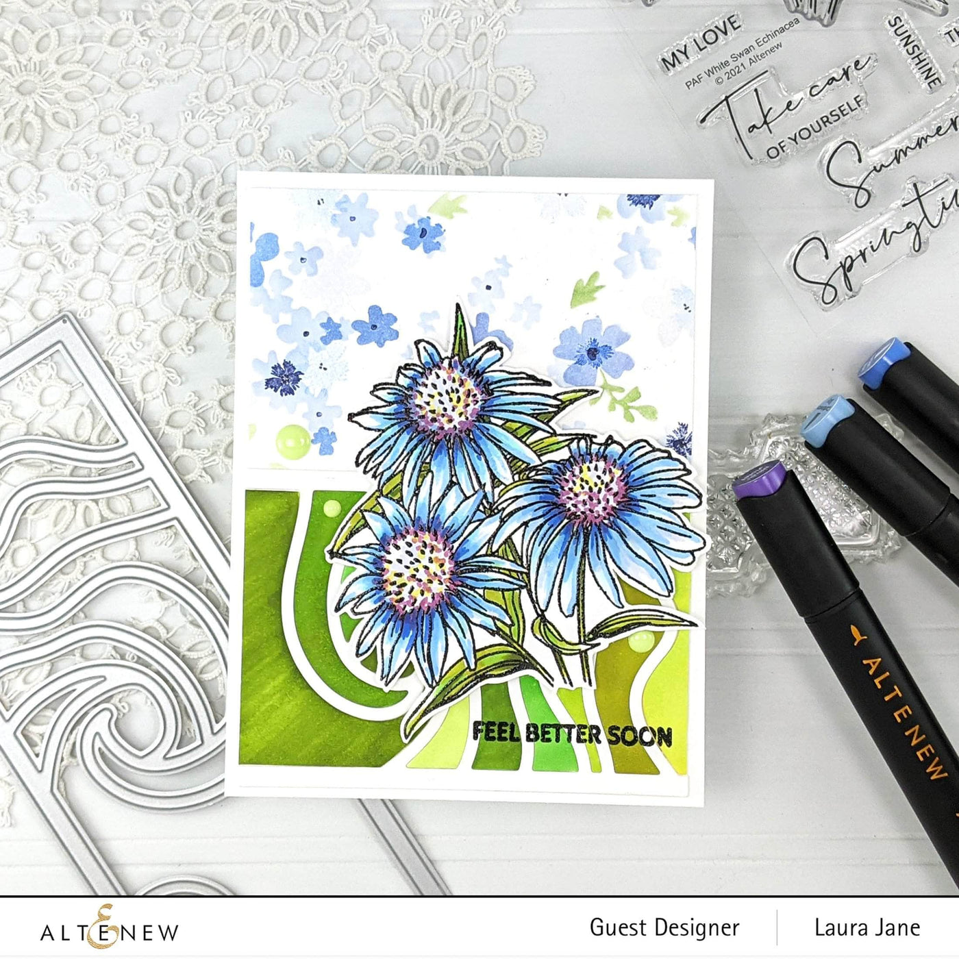 Altenew Stamp & Watercolor Bundle Paint-A-Flower: White Swan Echinacea & Artists' Watercolor 24 Pan Set Bundle