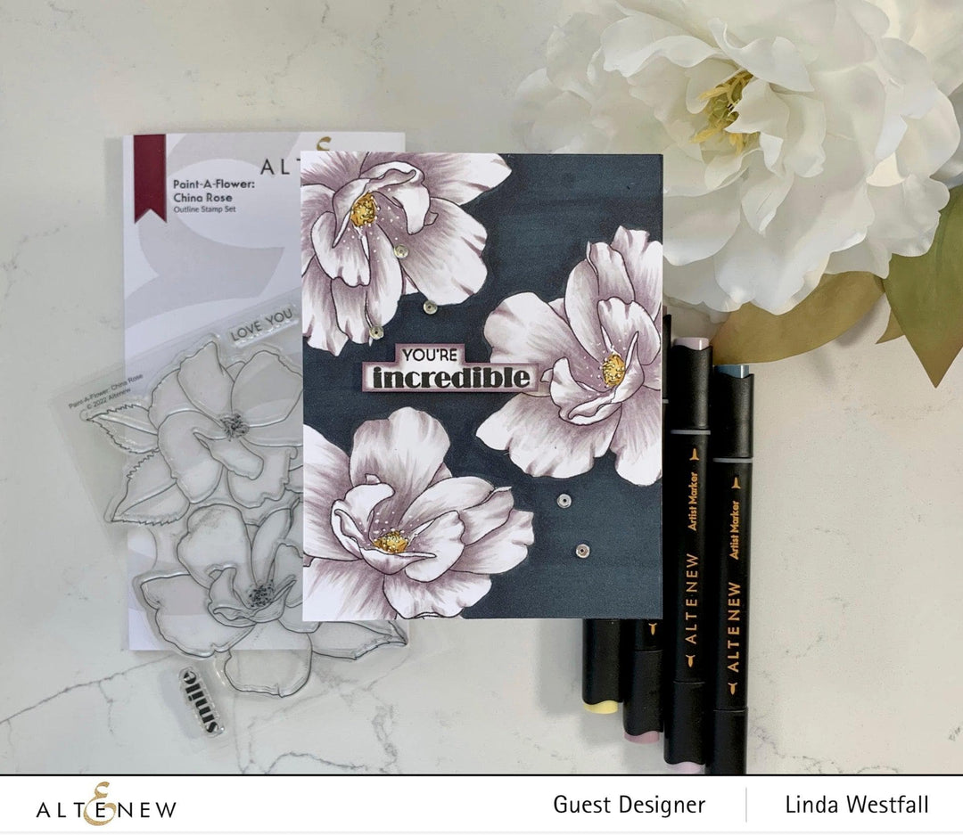Altenew Paint-A-Flower China Rose & Hawaiian Shores Stamp and Watercolor Pen Bundle, featuring brushes and fine tip pens for floral art.