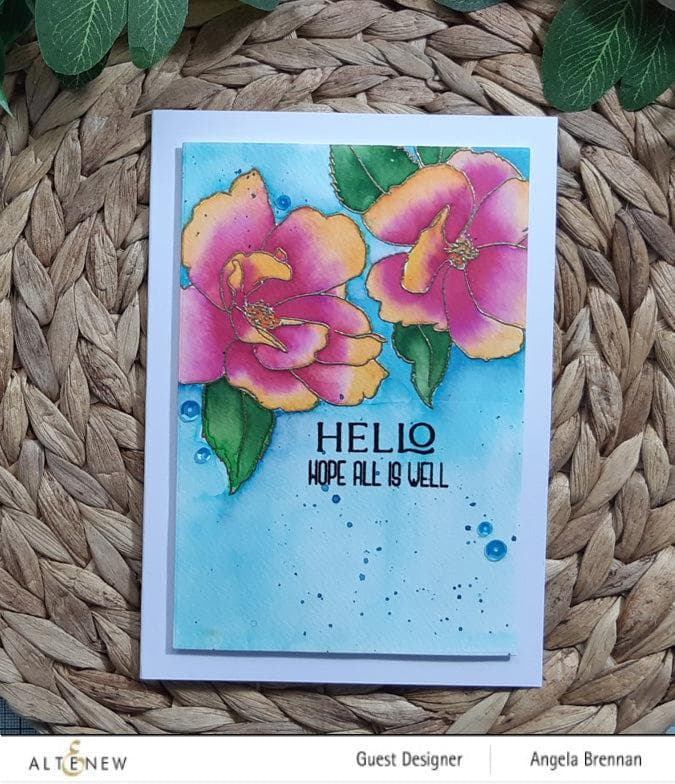 Altenew Paint-A-Flower China Rose & Hawaiian Shores Stamp and Watercolor Brush & Fine Tip Pen Bundle showing floral stamps and coloring tools.