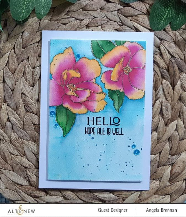 Altenew Paint-A-Flower China Rose & Hawaiian Shores Stamp and Watercolor Brush & Fine Tip Pen Bundle showing floral stamps and coloring tools.