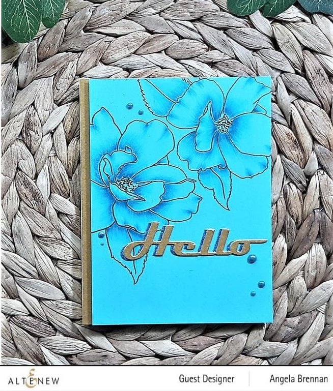Altenew Paint-A-Flower China Rose and Hawaiian Shores stamp and watercolor bundle with brushes and fine tip pens for floral art.