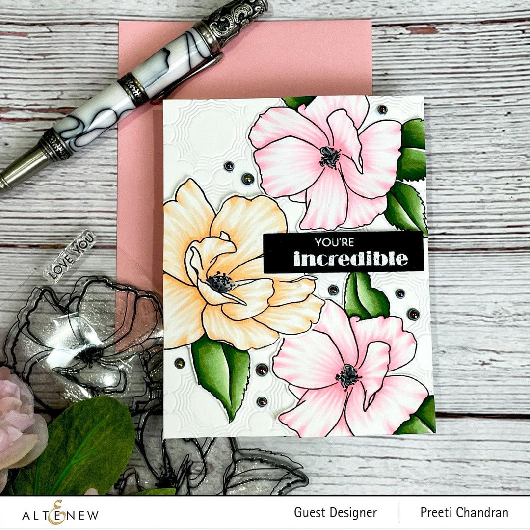 Altenew Paint-A-Flower stamp and watercolor bundle featuring China Rose and Hawaiian Shores brush and fine tip pens.