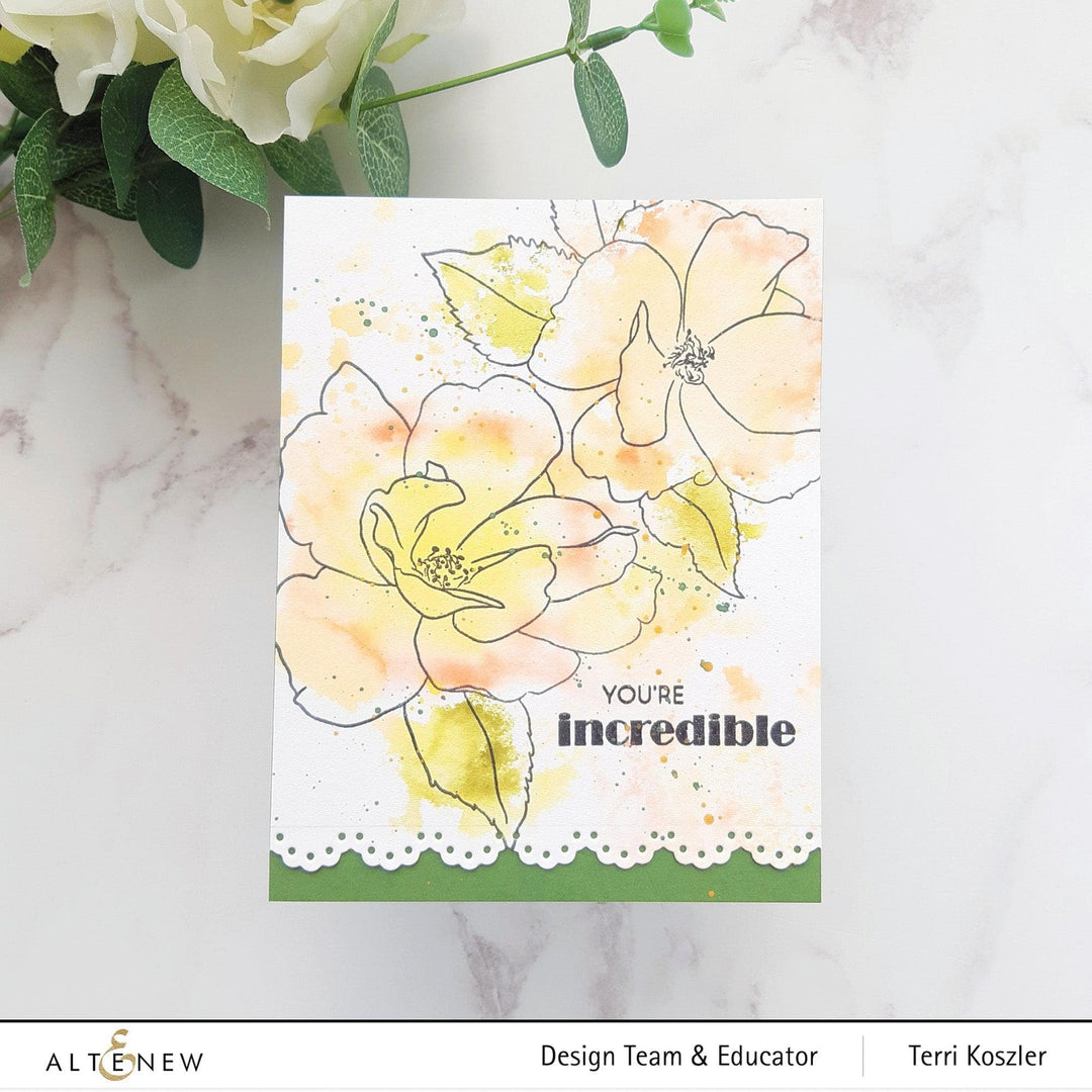 Altenew Paint-A-Flower China Rose and Hawaiian Shores stamp and watercolor brush and fine tip pen bundle on white background.