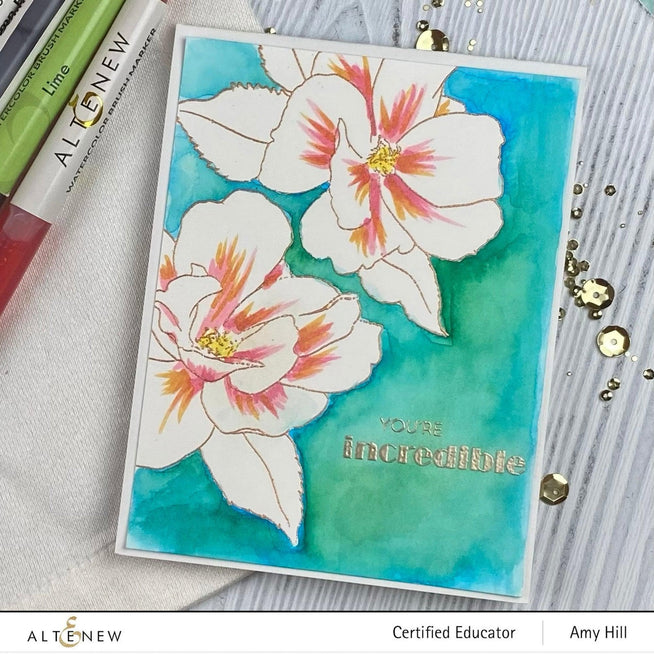 Altenew Paint-A-Flower stamp and watercolor bundle featuring China Rose and Hawaiian Shores brush and fine tip pens.