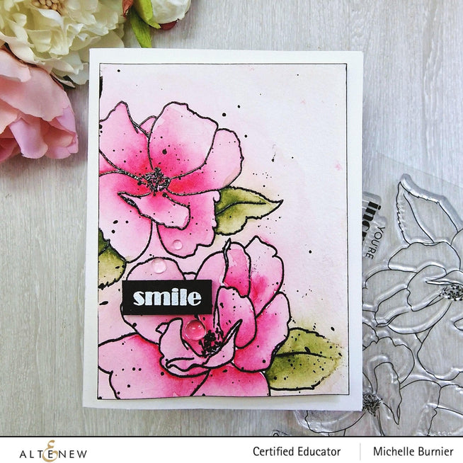 Altenew Paint-A-Flower stamp and watercolor bundle with China Rose and Hawaiian Shores brush and fine tip pens set.