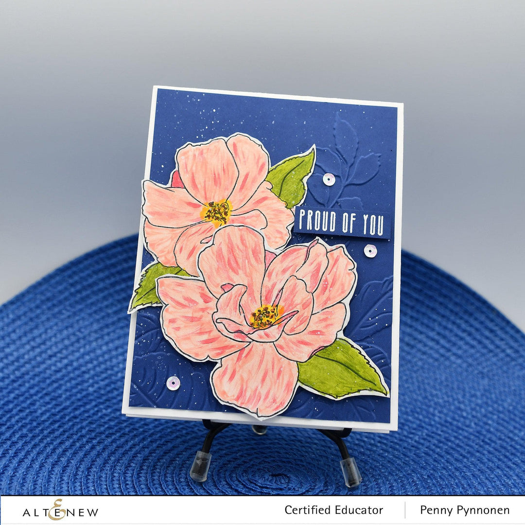 Altenew Paint-A-Flower stamp and watercolor bundle with China Rose and Hawaiian Shores brush and fine tip pens for floral art.