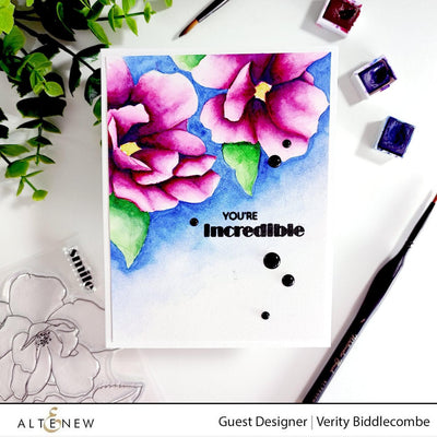 Altenew Stamp & Watercolor Bundle Paint-A-Flower: China Rose & Hawaiian Shores Brush & Fine Tip Pens Bundle
