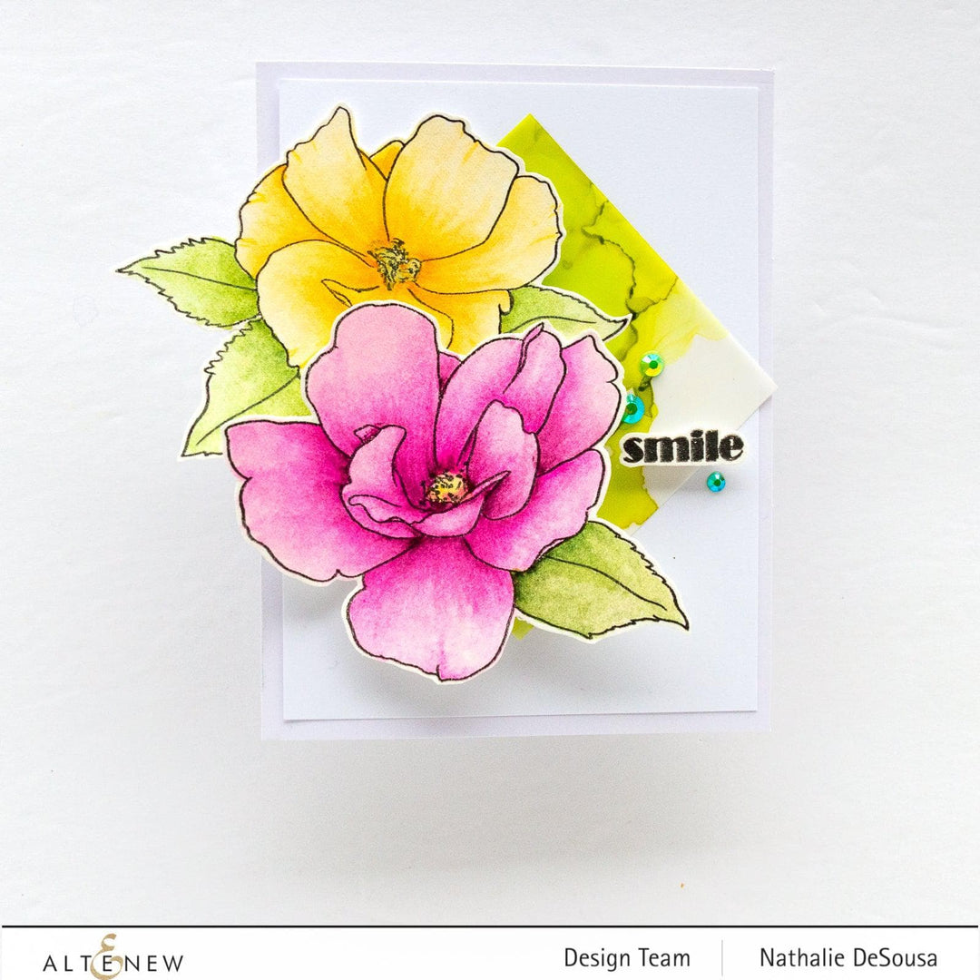 Altenew Paint-A-Flower stamp and watercolor bundle with China Rose and Hawaiian Shores brush and fine tip pens for creative art.